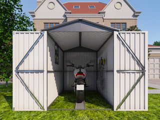 Motorcycle Outdoor Steel Storage Shed with Window, Tracks and Fixtures, Weather-Resistant Metal Bike Garage, Grey