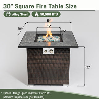 30" Propane Gas Fire Pit Table, 50000 BTU Square Fire Pit, Tile Tabletop with Beautiful Wicker Base for Outside Patio Deck Garden Courtyard-Brown