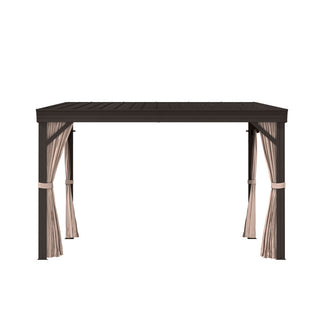 VineLull Outdoor Wall-Mounted Hardtop Pergora with Curtains and Netting