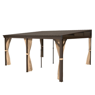 Hardtop Wall Mounted Gazebo with Sloping Galvanized Steel Roof, Aluminum Frame, Drainage System, Curtains and Netting, for Patio, Deck, Garden, Backyard