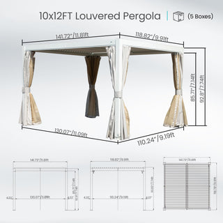 10x12/10x10 FT Outdoor Louvered Pergola with Adjustable Louvers-Brown/Gray/White