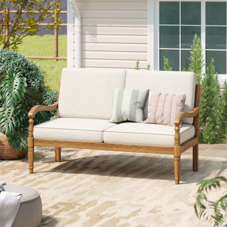 Outdoor Acacia Wood Loveseat with Cushions – Natural Finish & Beige Fabric, Durable Patio Seating