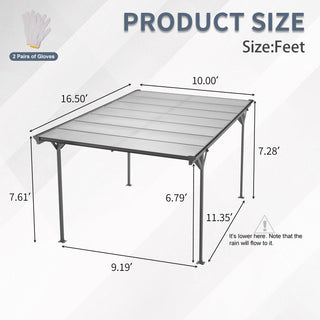 Outdoor Carport, 16X10 FT Carport with Aluminum alloy frame and Polycarbonate Panels for Outdoor Driveway Car, Truck