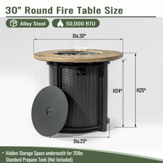 30" Propane Gas Fire Pit Table, 50000 BTU Round Steel Fire Pit with Imitation Wood Grain Finish for Outside Patio Deck Garden Backyard- Black