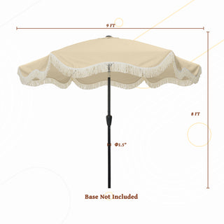 9 FT Tassel Market Patio Umbrella with Full Fiberglass Rib in Cream/Beige/Tan