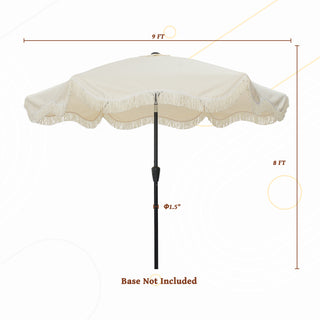 9 FT Tassel Market Patio Umbrella with Full Fiberglass Rib in Cream/Beige/Tan
