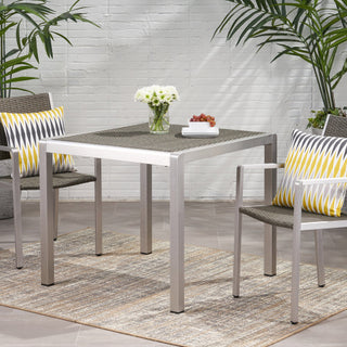 35 Inch Square Outdoor Dining Table – Anodized Aluminum Frame with Wicker Top in Silver & Gray