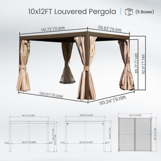 10x12/10x10 FT Outdoor Louvered Pergola with Adjustable Louvers-Brown/Gray/White