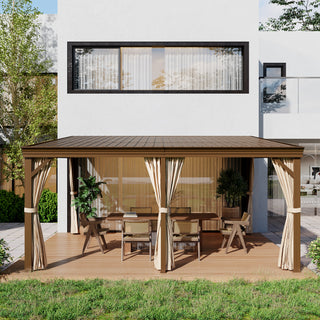 Hardtop Wall Mounted Gazebo with Sloping Galvanized Steel Roof, Aluminum Frame, Drainage System, Curtains and Netting, for Patio, Deck, Garden, Backyard