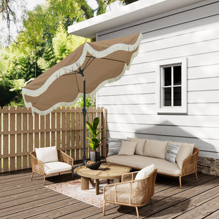 9 FT Tassel Market Patio Umbrella with Full Fiberglass Rib in Cream/Beige/Tan