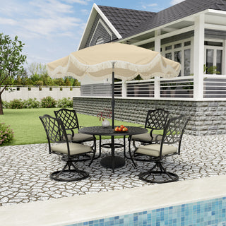 9 FT Tassel Market Patio Umbrella with Full Fiberglass Rib in Cream/Beige/Tan