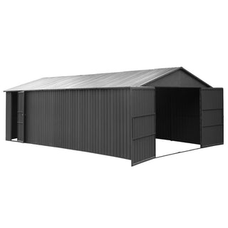 Outdoor Metal Garage Shed, Extra Large Metal Carport with Lockable Double Hinged Doors, Heavy Duty Car Shelter for Car, Truck, Motorcycle and Lawn Equipment, Grey