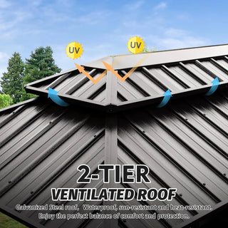 Hardtop Grill Outdoor BBQ Gazebo with 2 Side Shelves and Sloping Galvanized Steel Roof, Metal Permanent Grill Canopy with Ceiling Hooks