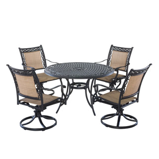 5-Piece Cast Aluminum Patio Dining Set with Swivel Chairs & Round Table – Brown