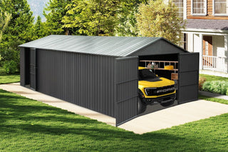 Outdoor Metal Garage Shed, Extra Large Metal Carport with Lockable Double Hinged Doors, Heavy Duty Car Shelter for Car, Truck, Motorcycle and Lawn Equipment, Grey