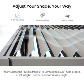 10x12/10x10 FT Outdoor Louvered Pergola with Adjustable Louvers-Brown/Gray/White