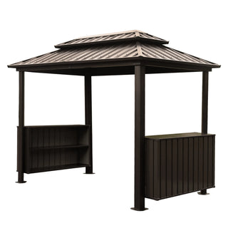 Hardtop Grill Outdoor BBQ Gazebo with 2 Side Shelves and Sloping Galvanized Steel Roof, Metal Permanent Grill Canopy with Ceiling Hooks