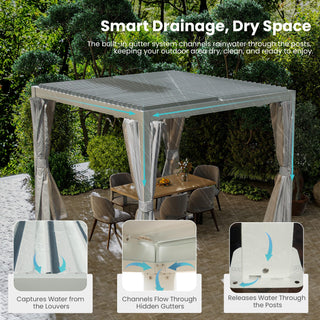 10x12/10x10 FT Outdoor Louvered Pergola with Adjustable Louvers-Brown/Gray/White