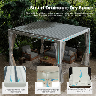 10x12/10x10 FT Outdoor Louvered Pergola with Adjustable Louvers-Brown/Gray/White