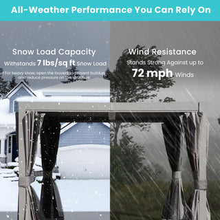 10x12/10x10 FT Outdoor Louvered Pergola with Adjustable Louvers-Brown/Gray/White