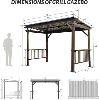 Hardtop Grill Outdoor BBQ Gazebo with 2 Side Shelves and Sloping Galvanized Steel Roof, Metal Permanent Grill Canopy with Ceiling Hooks