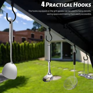 Hardtop Grill Outdoor BBQ Gazebo with 2 Side Shelves and Sloping Galvanized Steel Roof, Metal Permanent Grill Canopy with Ceiling Hooks