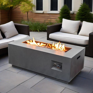 42" Propane Gas Fire Pit Table 2-Pieces, 50000 BTU Rectangular Steel Fire Pit with Glass Wind Guard for Outside Patio Deck Garden Courtyard -Light Gray
