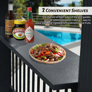 Hardtop Grill Outdoor BBQ Gazebo with 2 Side Shelves and Sloping Galvanized Steel Roof, Metal Permanent Grill Canopy with Ceiling Hooks