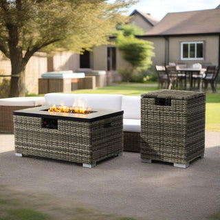 32" Propane Gas Fire Pit Table with Propane Tank Cover 2-Pieces, 50000 BTU Rectangular Steel Fire Pit with Beautiful Wicker Base for Outside Garden-Beige/Dark Gray
