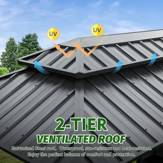 Hardtop Grill Outdoor BBQ Gazebo with 2 Side Shelves and Sloping Galvanized Steel Roof, Metal Permanent Grill Canopy with Ceiling Hooks