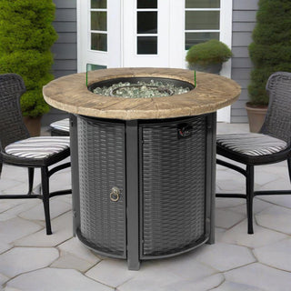 30" Propane Gas Fire Pit Table, 50000 BTU Round Steel Fire Pit with Imitation Wood Grain Finish for Outside Patio Deck Garden Backyard- Black