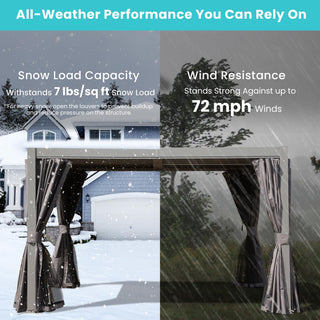 10x12/10x10 FT Outdoor Louvered Pergola with Adjustable Louvers-Brown/Gray/White