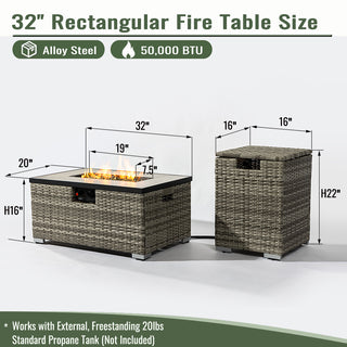 32" Propane Gas Fire Pit Table with Propane Tank Cover 2-Pieces, 50000 BTU Rectangular Steel Fire Pit with Beautiful Wicker Base for Outside Garden-Beige/Dark Gray