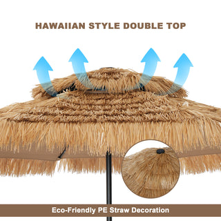 9FT/10FT 2-Tier Thatched Tiki Patio Umbrella with Crank – Natural Color, Beach-Style Sunshade