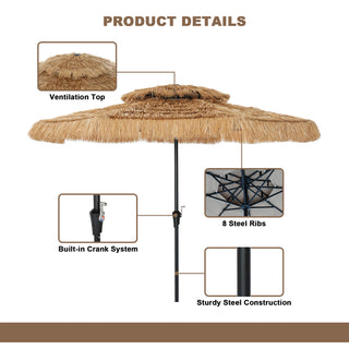 9FT/10FT 2-Tier Thatched Tiki Patio Umbrella with Crank – Natural Color, Beach-Style Sunshade