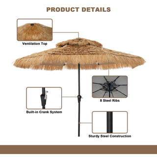 9FT/10FT 2-Tier Thatched Tiki Patio Umbrella with Crank – Natural Color, Beach-Style Sunshade