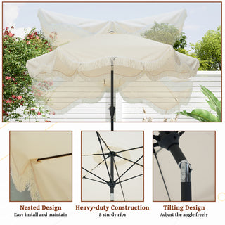 9 FT Tassel Market Patio Umbrella with Full Fiberglass Rib in Cream/Beige/Tan