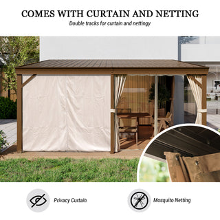 Hardtop Wall Mounted Gazebo with Sloping Galvanized Steel Roof, Aluminum Frame, Drainage System, Curtains and Netting, for Patio, Deck, Garden, Backyard