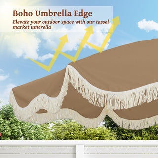 9 FT Tassel Market Patio Umbrella with Full Fiberglass Rib in Cream/Beige/Tan