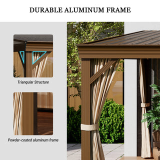 Hardtop Wall Mounted Gazebo with Sloping Galvanized Steel Roof, Aluminum Frame, Drainage System, Curtains and Netting, for Patio, Deck, Garden, Backyard