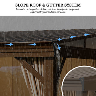 Hardtop Wall Mounted Gazebo with Sloping Galvanized Steel Roof, Aluminum Frame, Drainage System, Curtains and Netting, for Patio, Deck, Garden, Backyard