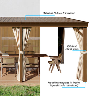 Hardtop Wall Mounted Gazebo with Sloping Galvanized Steel Roof, Aluminum Frame, Drainage System, Curtains and Netting, for Patio, Deck, Garden, Backyard