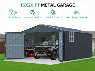 Upgraded 13x20FT Outdoor Storage Shed, Large Metal Garage Shed with Two Windows and Two Translucent Panels for Car, Truck, Bike, Lawnmower, Backyard Tool