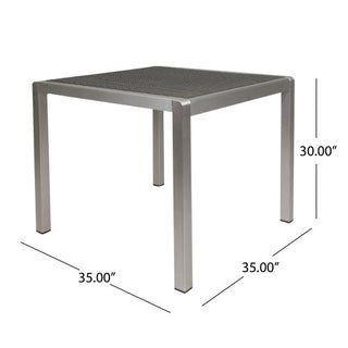 35 Inch Square Outdoor Dining Table – Anodized Aluminum Frame with Wicker Top in Silver & Gray