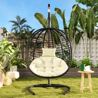 Single Folding Wicker Hanging Egg Chair with Stand, Indoor Outdoor Swing Hammock Chair, Adjustable Anti-Slip Feet for Balcony Bedroom Patio