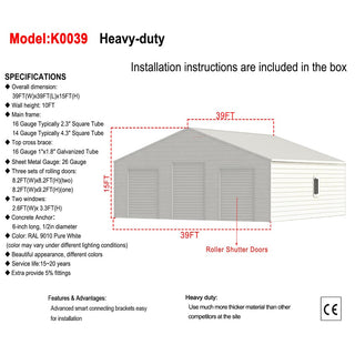 39ft x 39ft Heavy Duty Metal Barn with 3 Roll-Up Doors – Steel Garage Storage Building