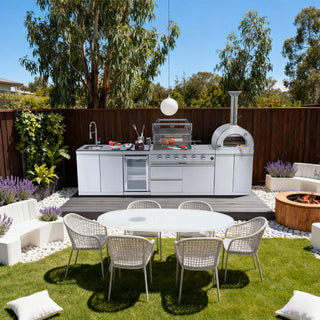 Outdoor Kitchen Island with 120,000 BTU Double Grill, Pizza Oven, Fridge, Rotisserie & Granite Countertops