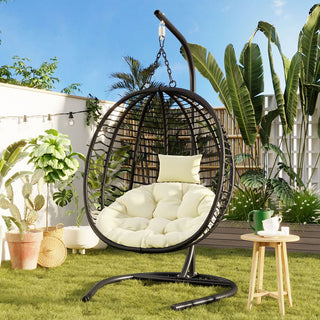 Single Folding Wicker Hanging Egg Chair with Stand, Indoor Outdoor Swing Hammock Chair, Adjustable Anti-Slip Feet for Balcony Bedroom Patio
