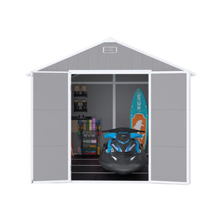 8X8 FT resin storage shed, high quality pp material, strong structure, waterproof, rust and UV proof, large storage space, 12mm thick pp board, HD window lighting