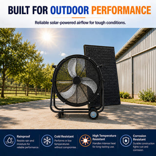 24"/30" Wheeled Solar Ventilation Fan with 140W Adjustable Monocrystalline Panel, 130W DC Brushless Motor & 3-Speed Remote for Warehouse & Workshop